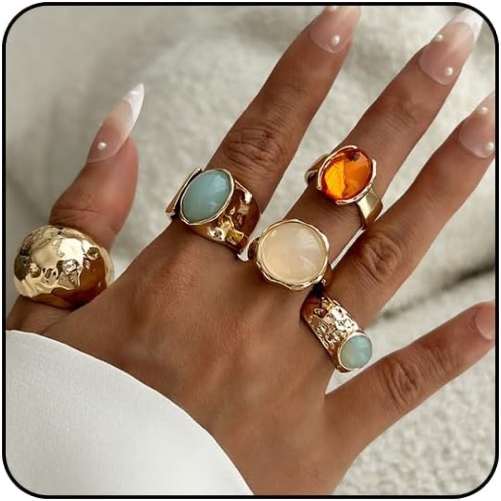 6pcs chunky ring set Non Tarnish Chunky Gemstone Ring Adjustable Stackable new